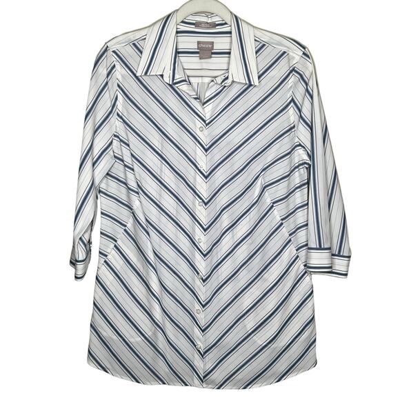 Chico's No-Iron Cotton-Blend Striped Stain Shield Pocket Tunic Size 1 = Medium - Picture 1 of 7